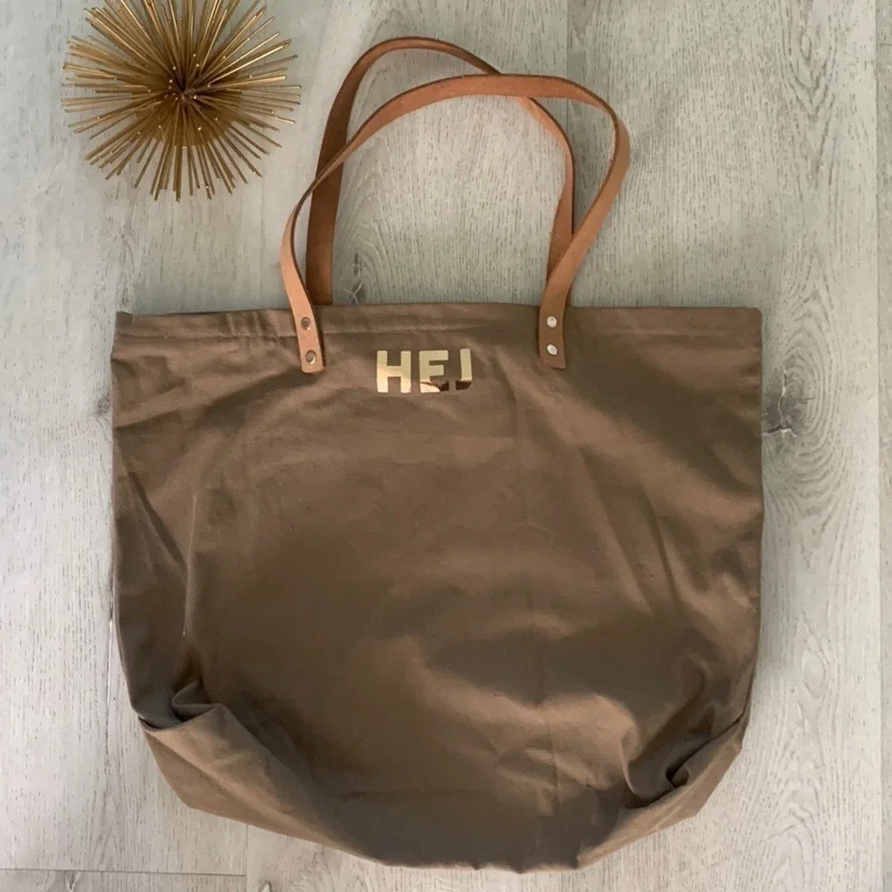 HEJ tote bag leather handles canvas bohemian shopping beach travel shoulder‎